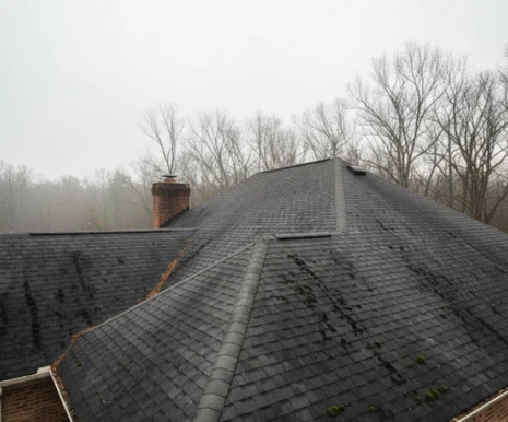 Mocksville NC roof showing algae and black streaks from winter moisture damage